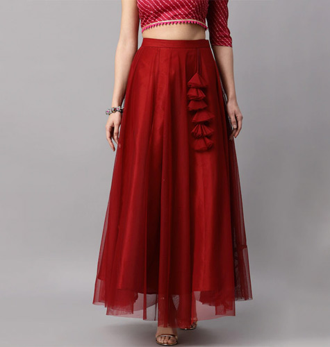 Women Maroon Solid Soft Net Flared Maxi Lehenga Skirt